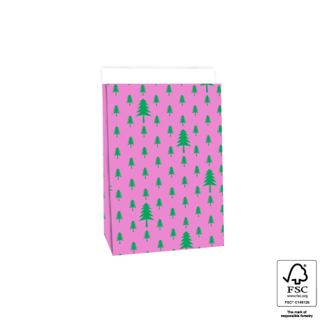 P39.704.017 X-mas Blokbodemzakken - Trees Pink/Green - 17 x 10 x 25 cm