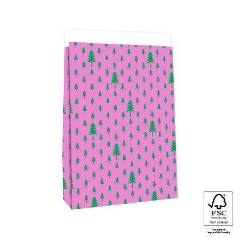 P39.704.027 X-mas Blokbodemzakken - Trees Pink/Green - 27 x 15 x 34 cm